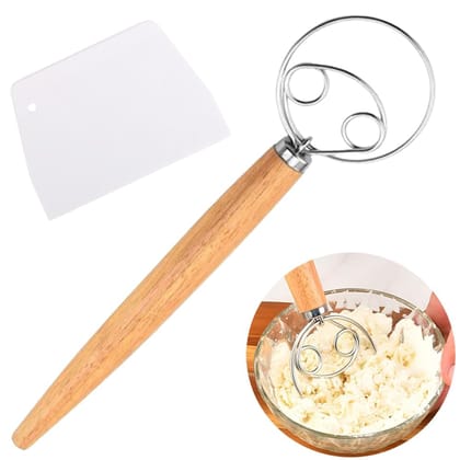 Dough Whisk - Durable Easy Mixing Bread Whisk, Stainless Steel Danish Dough Hook, Sourdough Whisk for Mixing, Traditional Dutch Whisk, Dough Mixer Tool - Rubberwood
