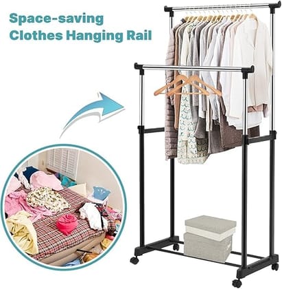 Double Pole Portable Clothing Hanging Garment Rack Laundry Drying Hanger with Wheels Telescopic Clothes Fordable Single Stand for Indoor Outdoor Drying Rack For Home Balcony Room Garden Terrace Home