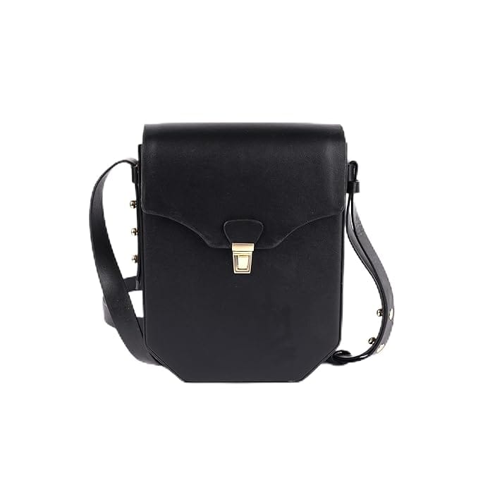 Black leather crossbody bag with gold hardware