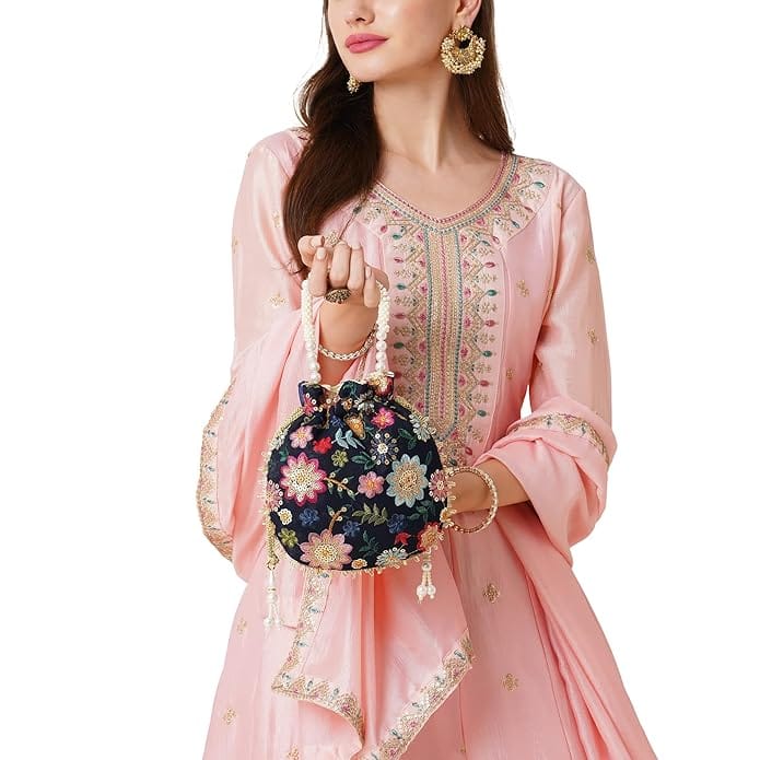 Women's Ethnic Potli Bag with Floral Embroidery and Pearl Handle for Party, Wedding and Festive Occasions (Blue)