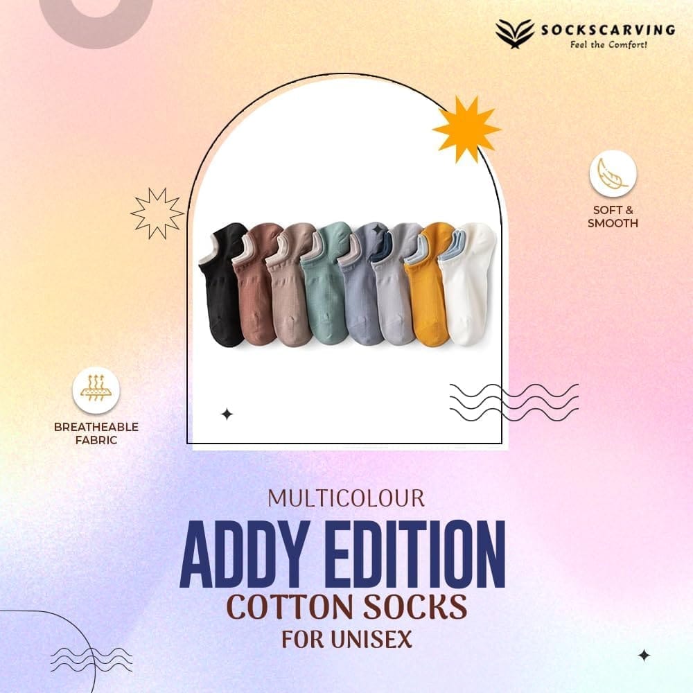 Socks Carving Pack of 8 Multicolour Unisex Ankle length Socks, Made With Durable & Breathable Cotton, Free Size, Addy Edition, Suitable for all Season, Soft & Breathable, Daily Use