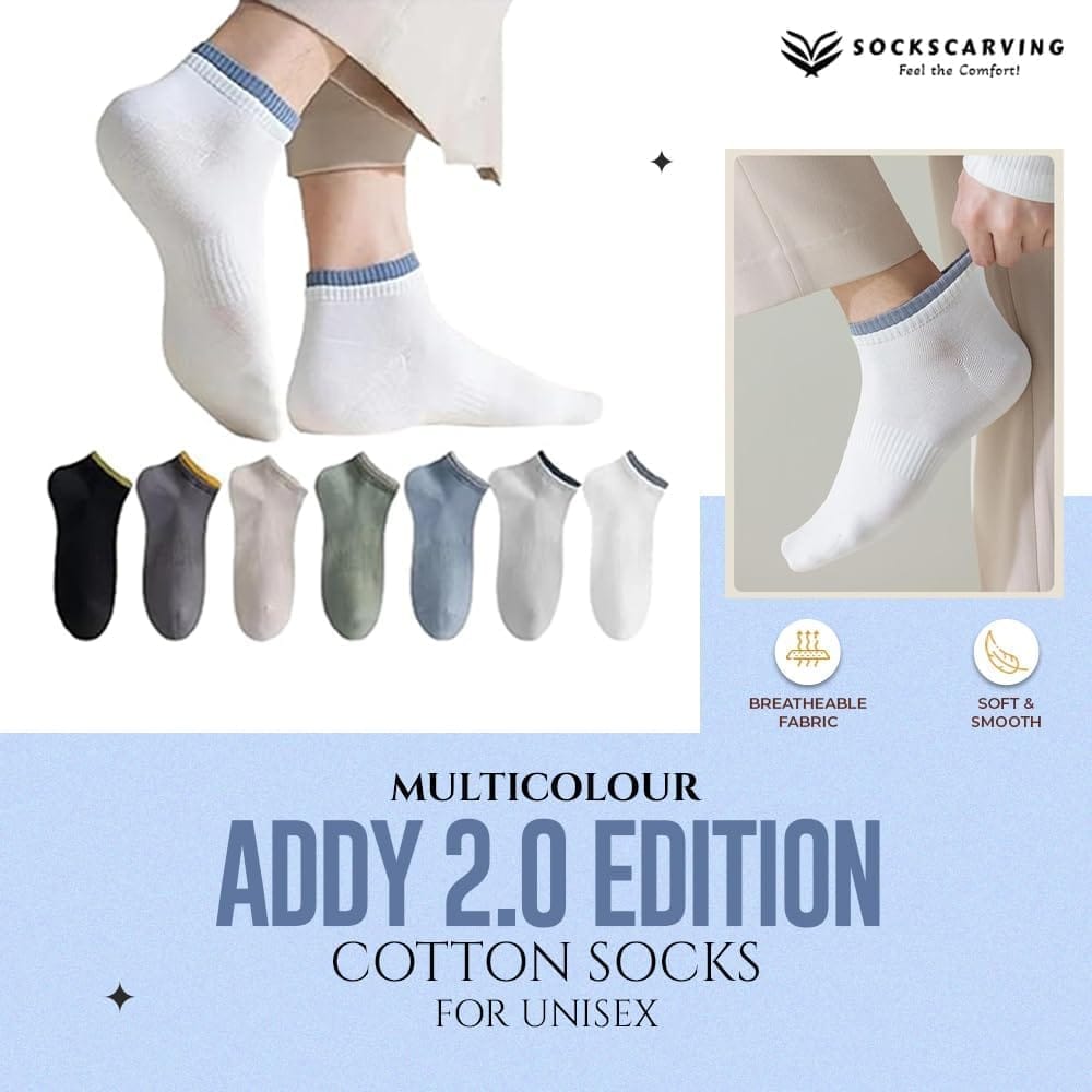 Socks Carving Pack of 7 Multicolour Unisex Ankle length Socks, Made With Durable & Breathable Cotton, Free Size, Addy 2.0 Edition, Suitable for all Season, Soft & Breathable, Daily Use