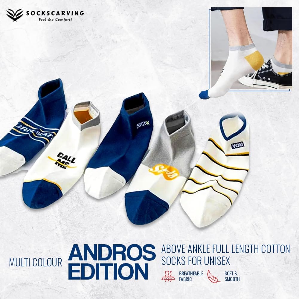 SOCKSCARVING Multicolour Andros Edition Cotton Socks Pair of 5, Low Cut Ankle, Full Length, Free Size, Casual Design, For Men-Women