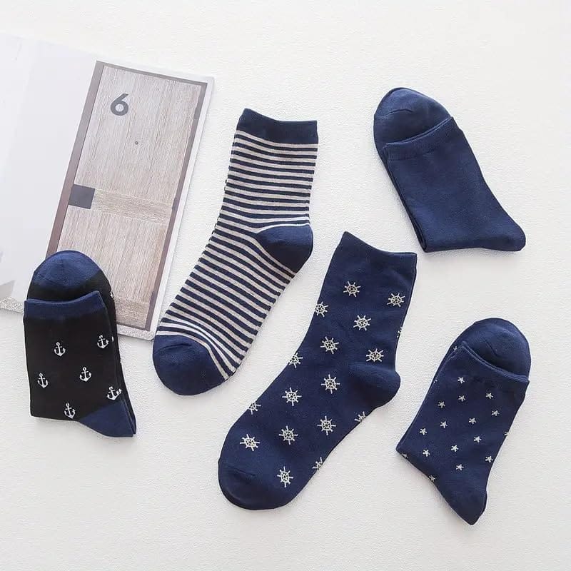 Sockcarving Pack of 5 Nautical-Themed Women's Crew Socks Soft, Comfortable, and Stylish Cotton Socks with Anchor and Star Patterns