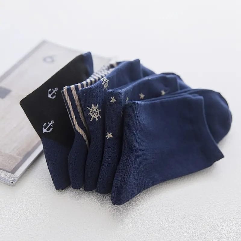 Sockcarving Pack of 5 Nautical-Themed Women's Crew Socks Soft, Comfortable, and Stylish Cotton Socks with Anchor and Star Patterns