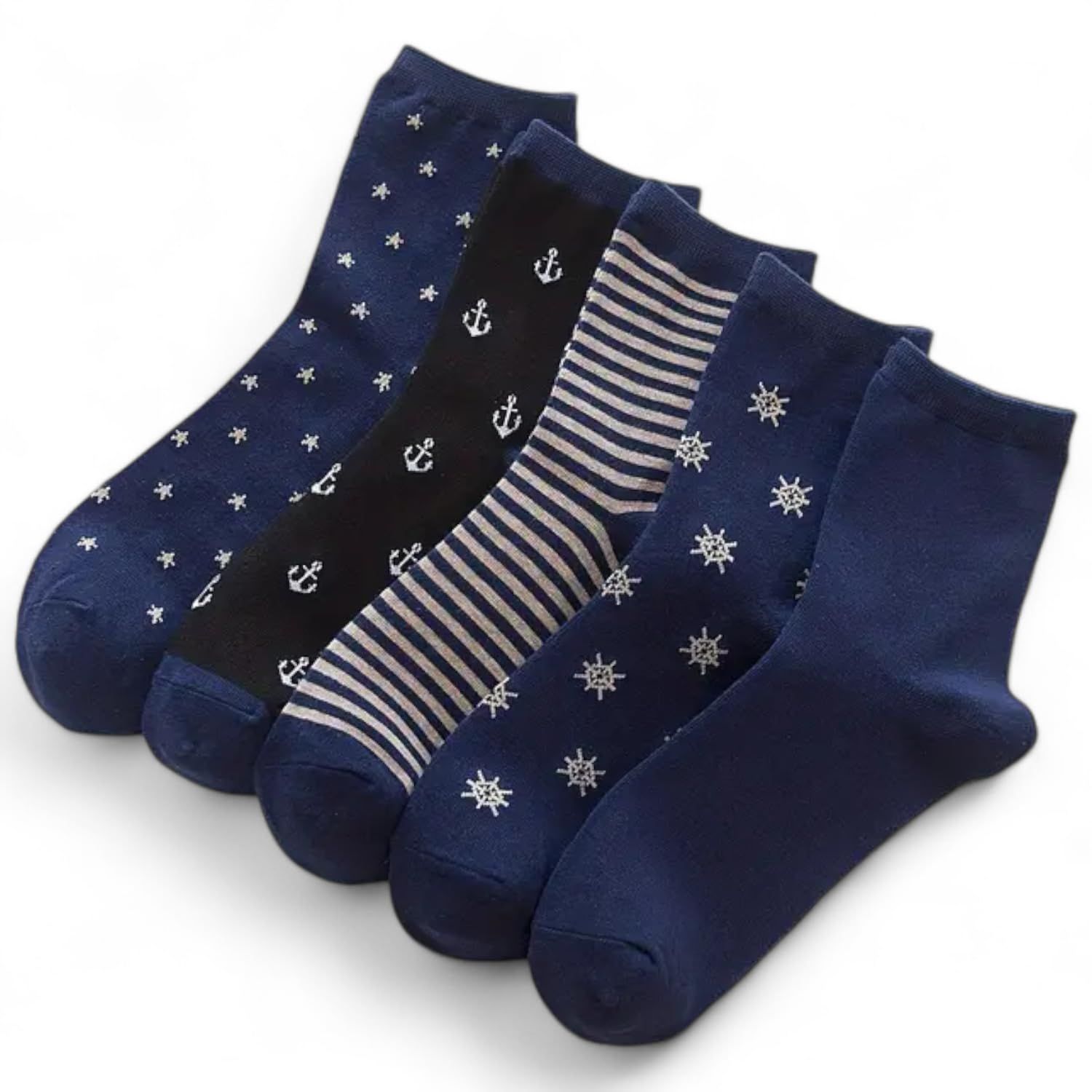 Sockcarving Pack of 5 Nautical-Themed Women's Crew Socks Soft, Comfortable, and Stylish Cotton Socks with Anchor and Star Patterns