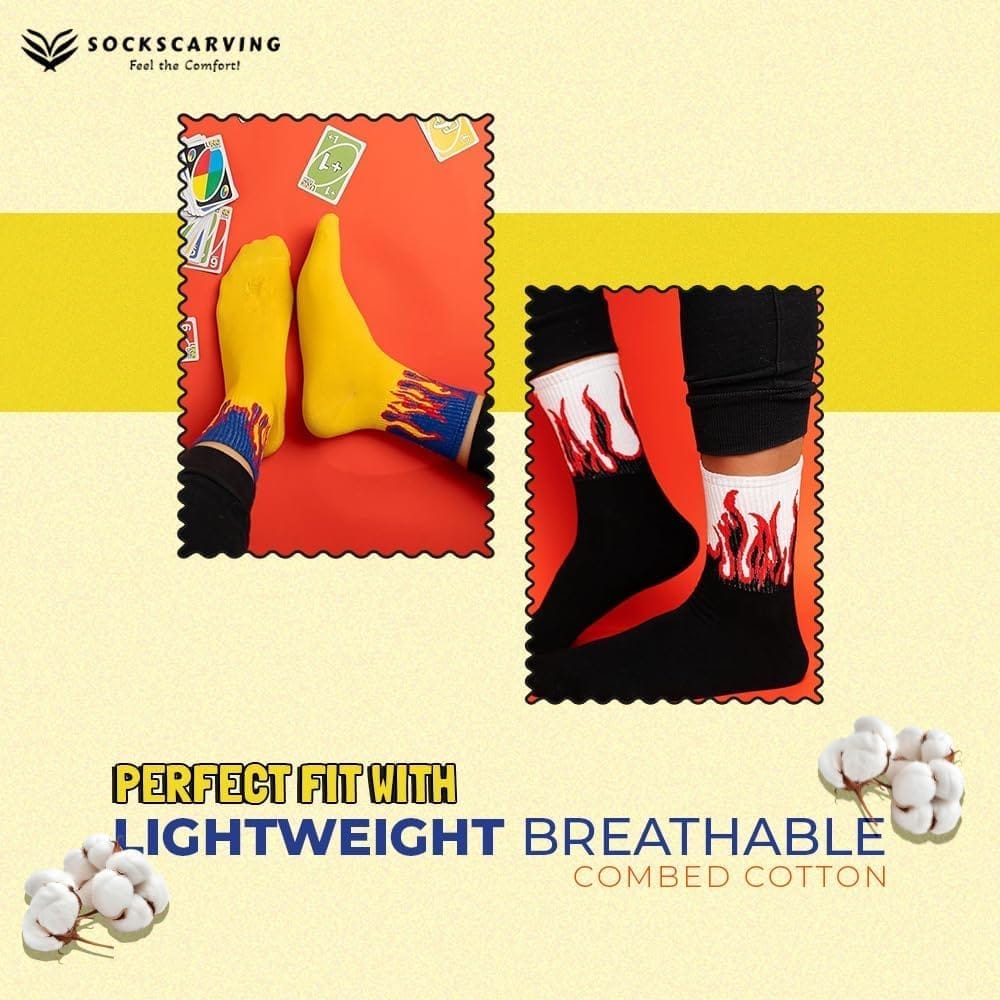 Sockscarving Pack of 7 Men's Fire Edition Cotton Crew Socks - Flame Pattern, Vibrant Colors, Full-Length Comfort for Men and Women