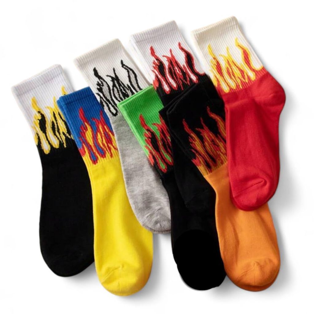 Sockscarving Pack of 7 Men's Fire Edition Cotton Crew Socks - Flame Pattern, Vibrant Colors, Full-Length Comfort for Men and Women