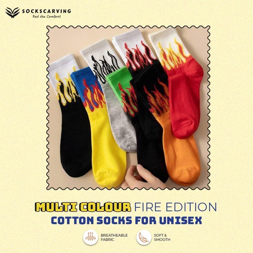 Sockscarving Pack of 7 Men's Fire Edition Cotton Crew Socks - Flame Pattern, Vibrant Colors, Full-Length Comfort for Men and Women