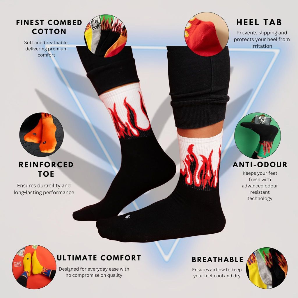 Sockscarving Pack of 7 Men's Fire Edition Cotton Crew Socks - Flame Pattern, Vibrant Colors, Full-Length Comfort for Men and Women