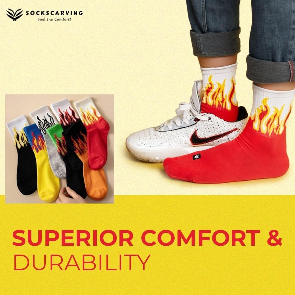 Sockscarving Pack of 7 Men's Fire Edition Cotton Crew Socks - Flame Pattern, Vibrant Colors, Full-Length Comfort for Men and Women