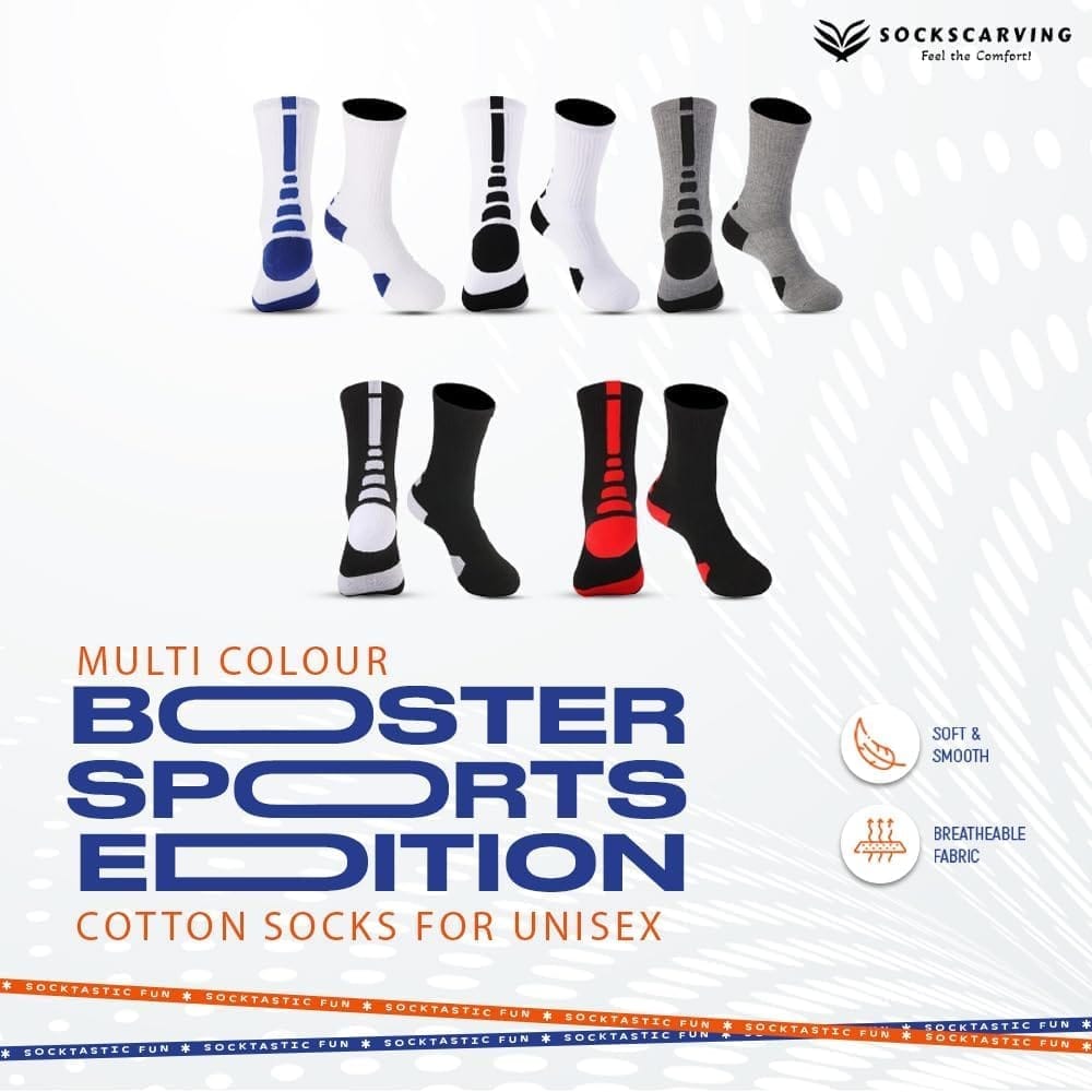 SOCKSCARVING Multicolour Booster Sports Edition Cotton Socks Pair of 5, High Ankle Calf Length, Free Size, Sports Edition Socks, Casual Design, For Men-Women