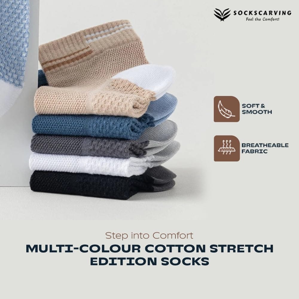 SOCKSCARVING Multicolour Cotton Stretch Edition Socks for Unisex - Pack of 6, Ankle length, Casual, Unisex-Men-Women