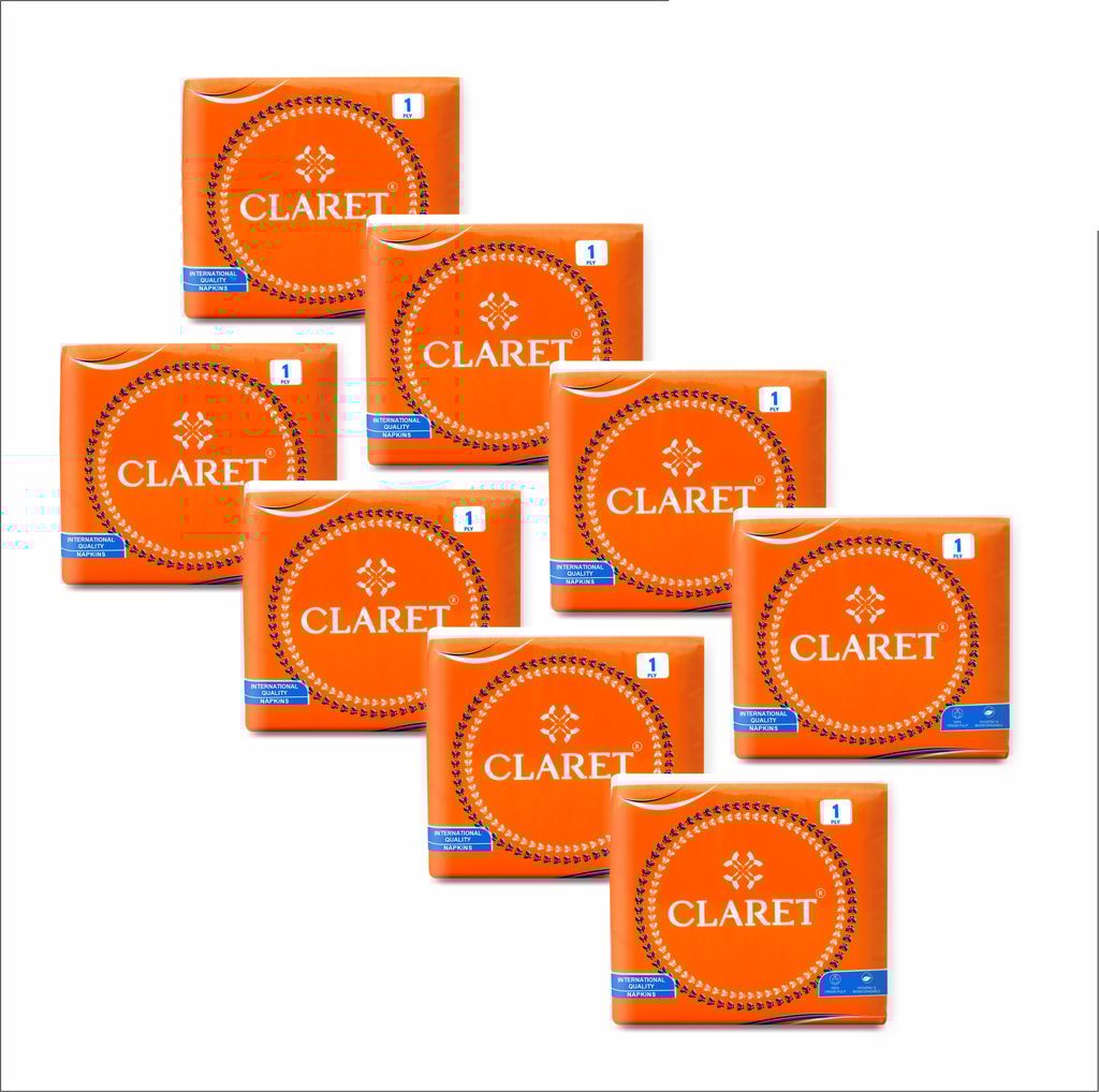 Claret 1-Ply White Paper Napkins (70 Sheets, Pack of 8, 27x30 cm) - Soft, Absorbent, Disposable Tissue Napkins for Daily Use, Cleaning and Parties