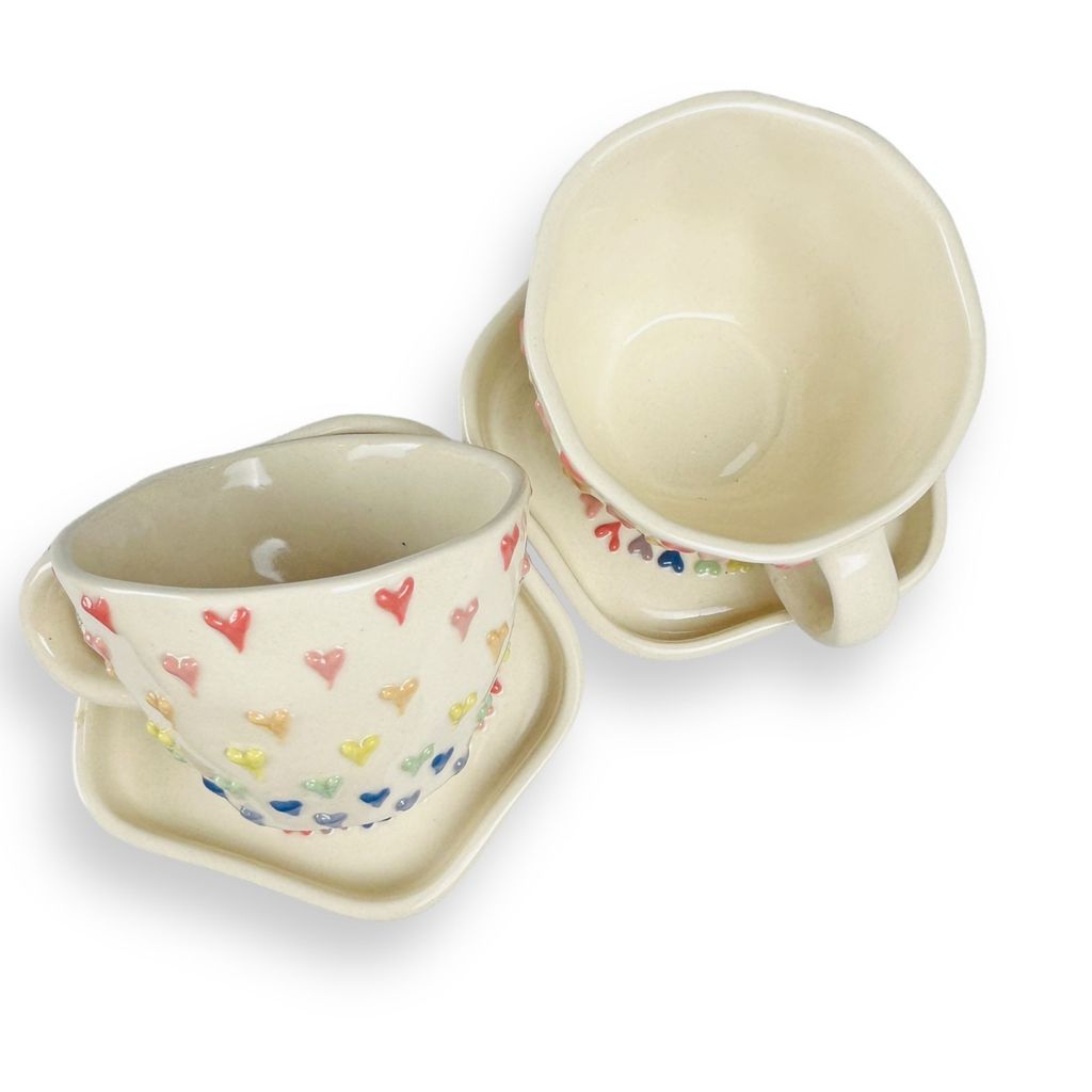 CERAMIC DINING Multicolour 3D Heart Tea Cups with Saucers Set of 6