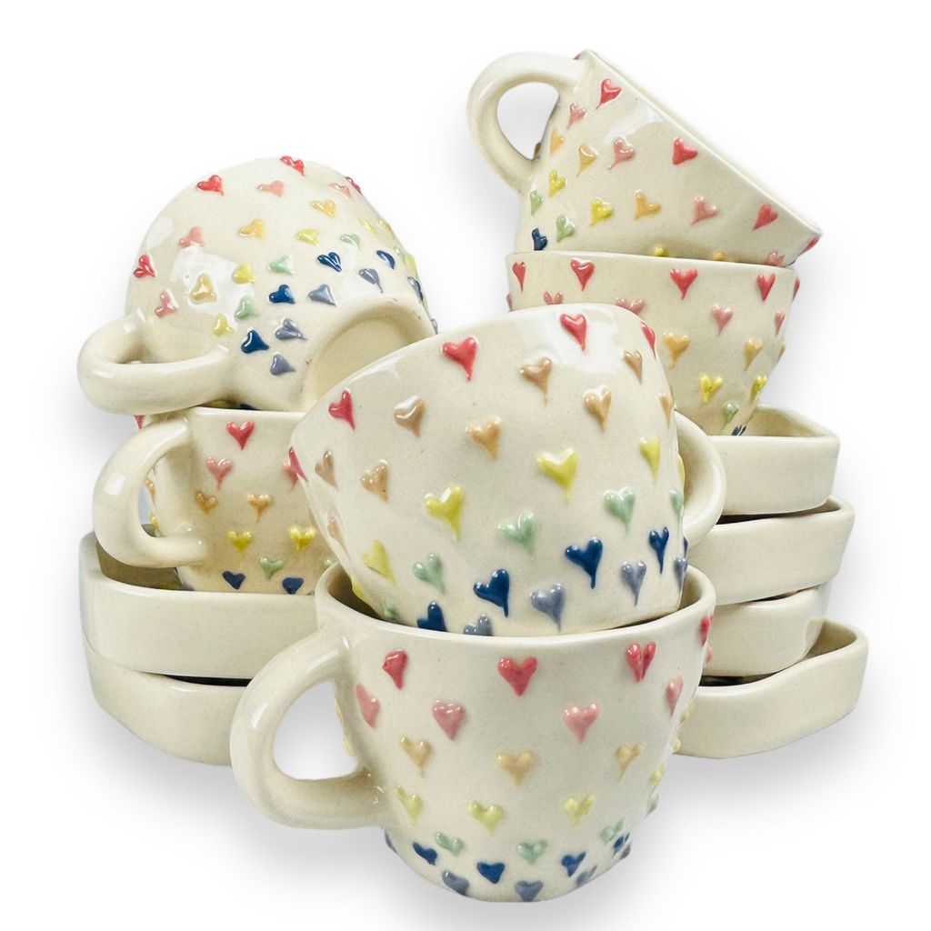 CERAMIC DINING Multicolour 3D Heart Tea Cups with Saucers Set of 6