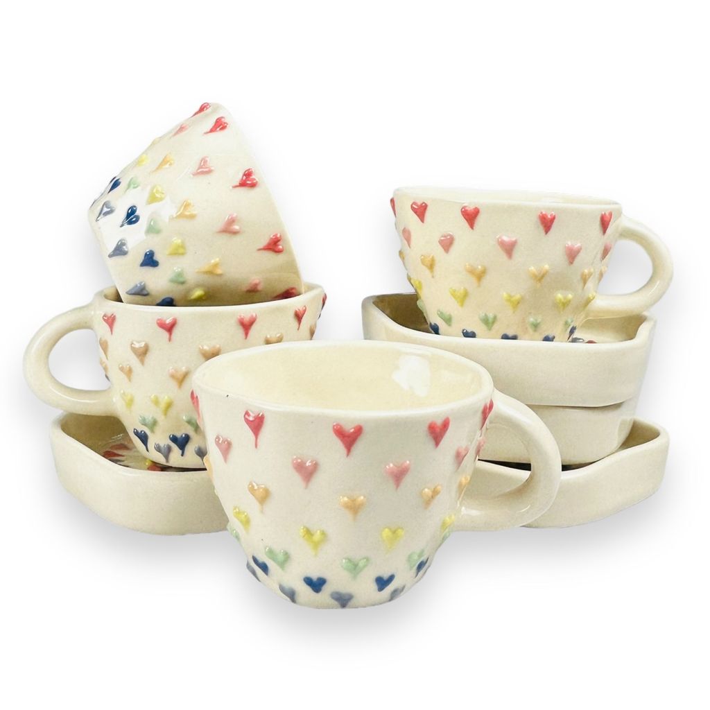 CERAMIC DINING Multicolour 3D Heart Tea Cups with Saucers Set of 6