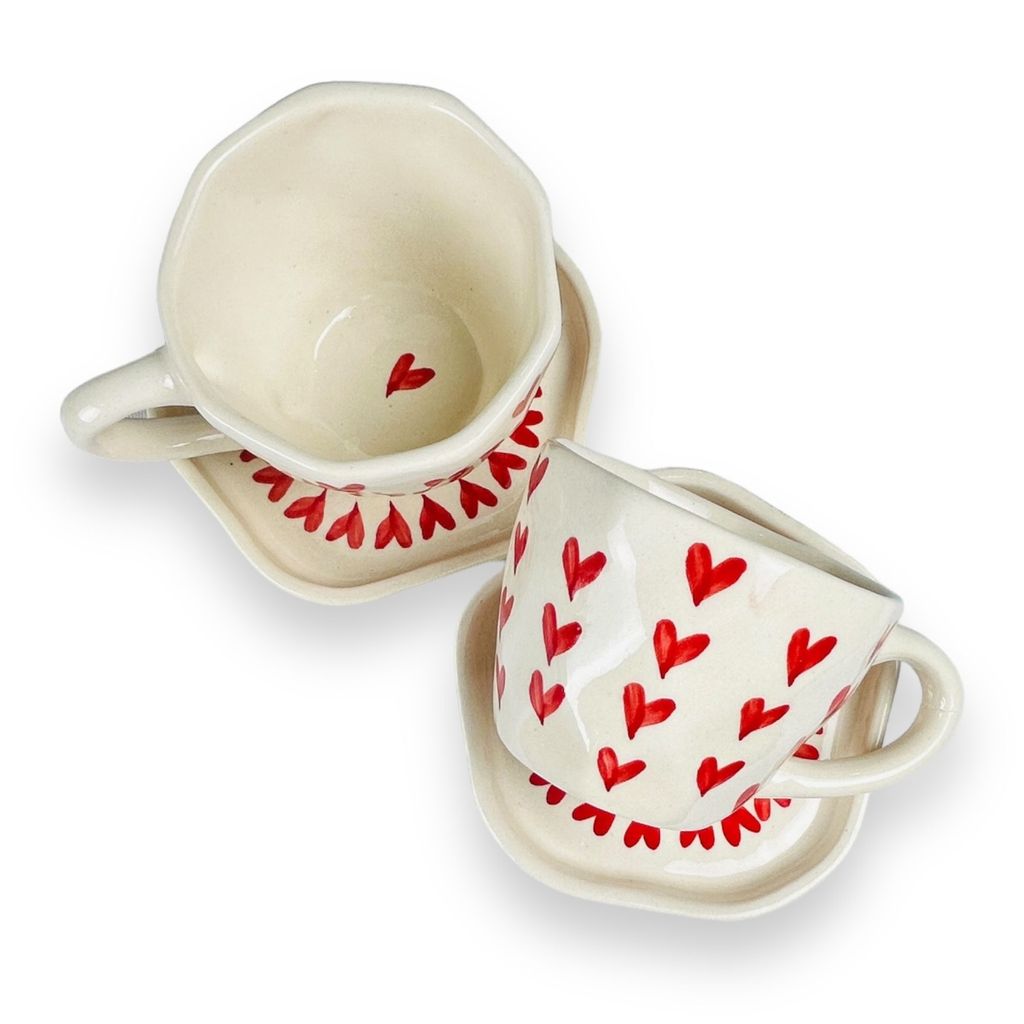 CERAMIC DINING Red Heart Tea Cups with Saucers Set of 2