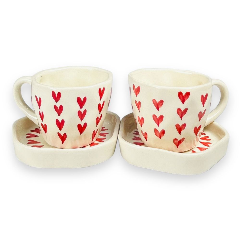 CERAMIC DINING Red Heart Tea Cups with Saucers Set of 2
