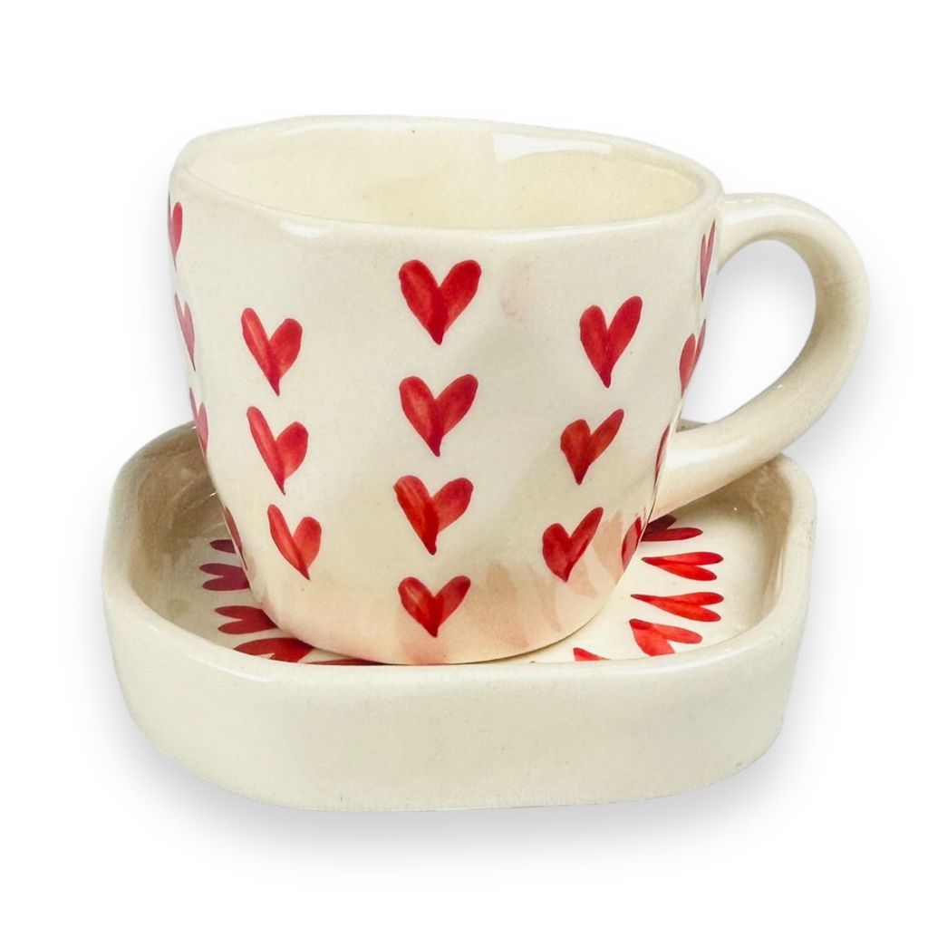 CERAMIC DINING Red Heart Tea Cups with Saucers Set of 2
