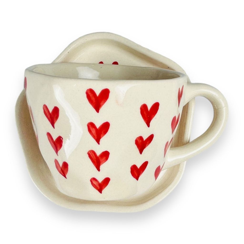 CERAMIC DINING Red Heart Tea Cups with Saucers Set of 2