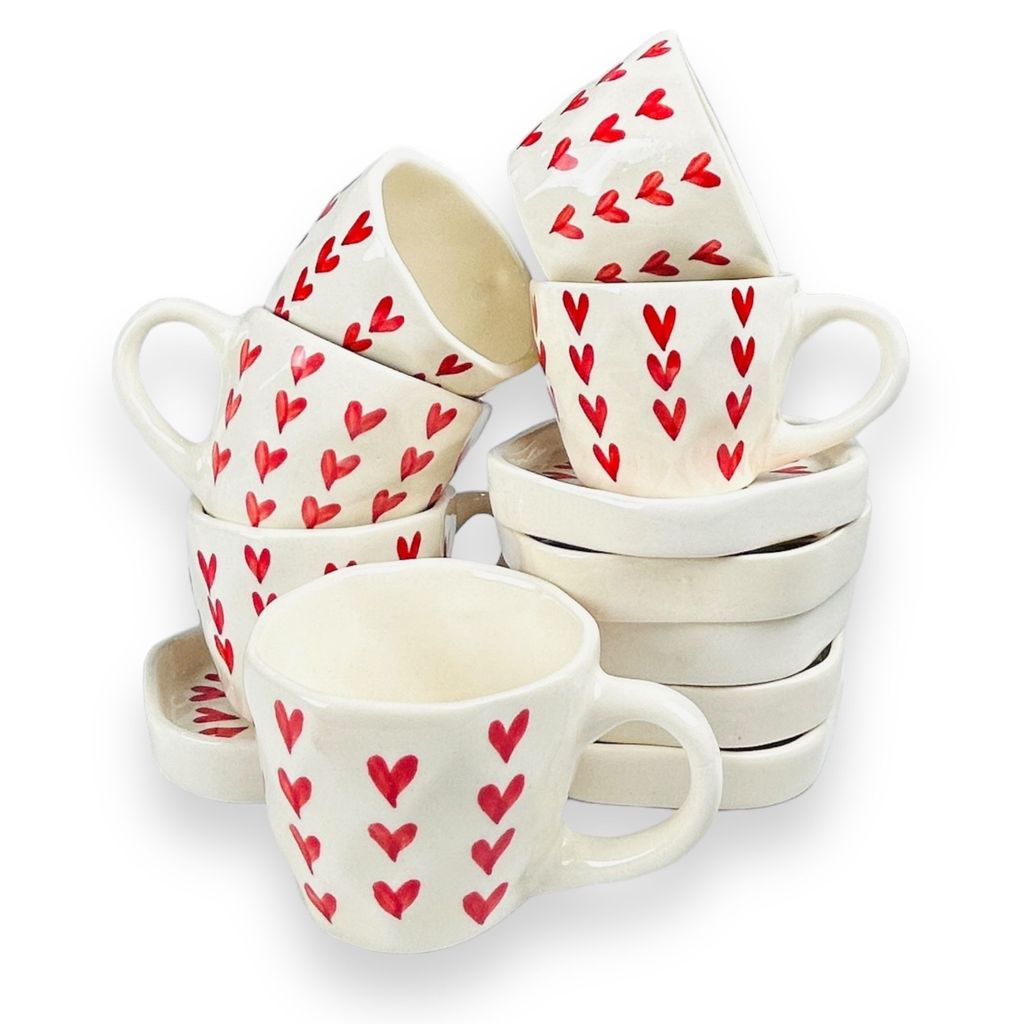 CERAMIC DINING Red Heart Tea Cups with Saucers Set of 6