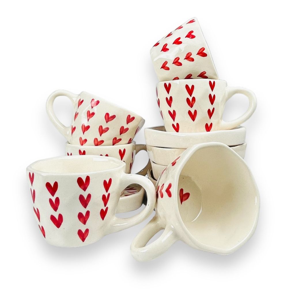 CERAMIC DINING Red Heart Tea Cups with Saucers Set of 6