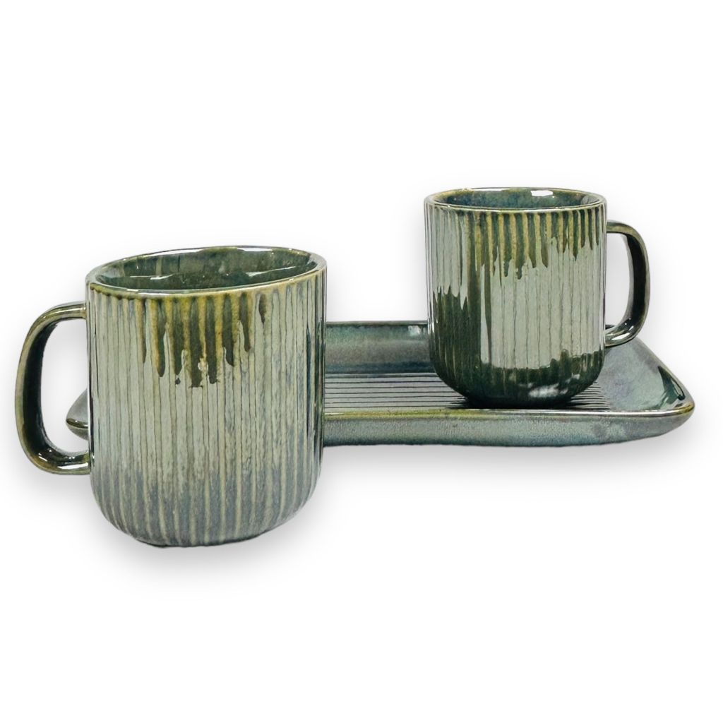 CERAMIC DINING Emerald Green Ceramic Coffee Mugs with Tray Set of 3