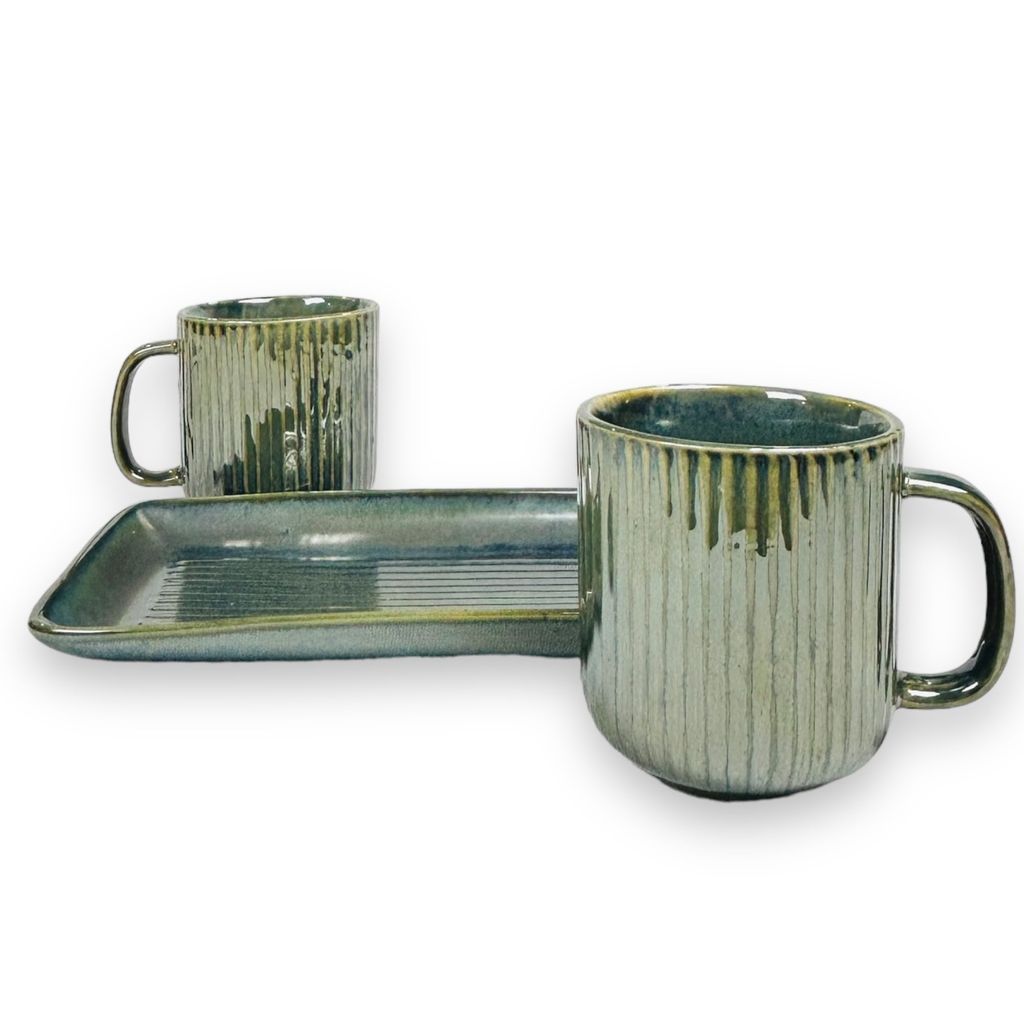 CERAMIC DINING Emerald Green Ceramic Coffee Mugs with Tray Set of 3