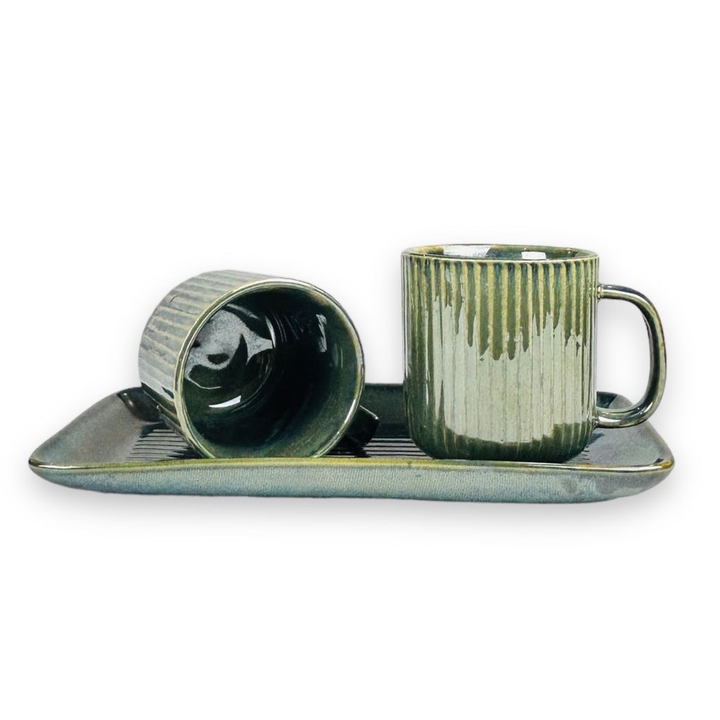CERAMIC DINING Emerald Green Ceramic Coffee Mugs with Tray Set of 3