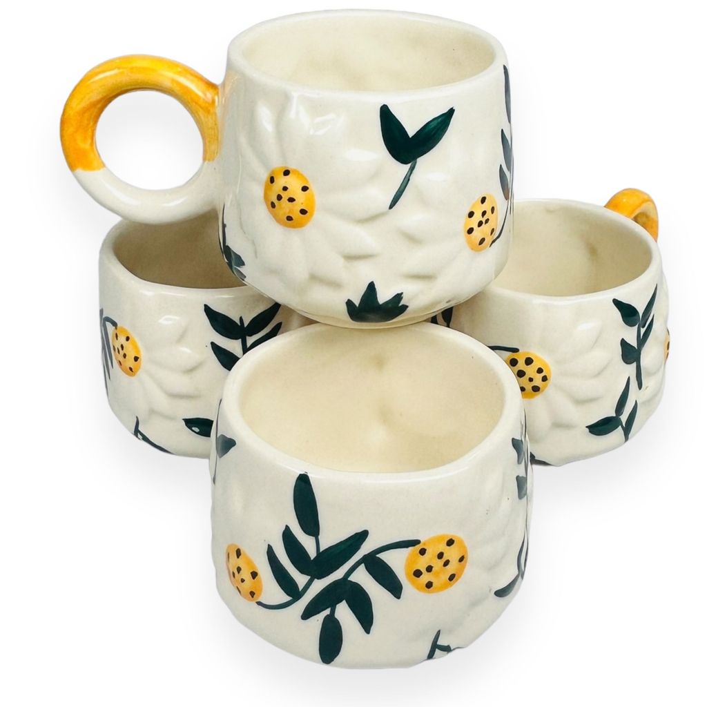 CERAMIC DINING Yellow Sunflower Coffee or Tea Cups Set of 6