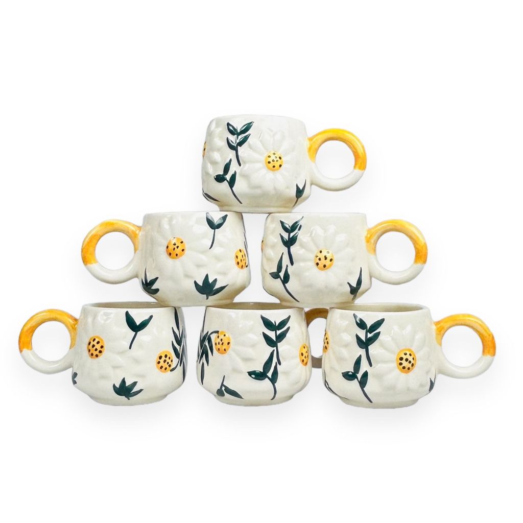 CERAMIC DINING Yellow Sunflower Coffee or Tea Cups Set of 6