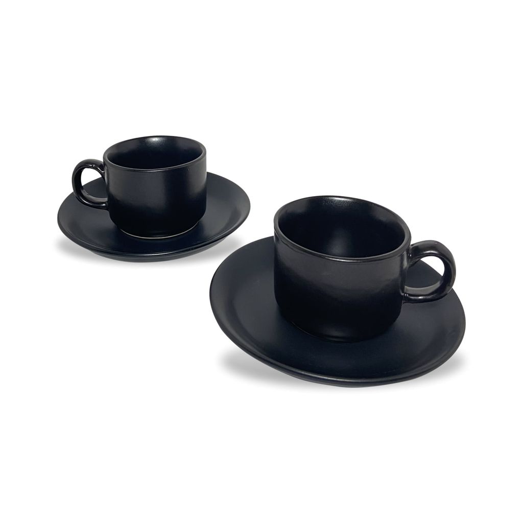 Ceramic Dining Chic Matte Black Tea cups with Saucers Set of 2
