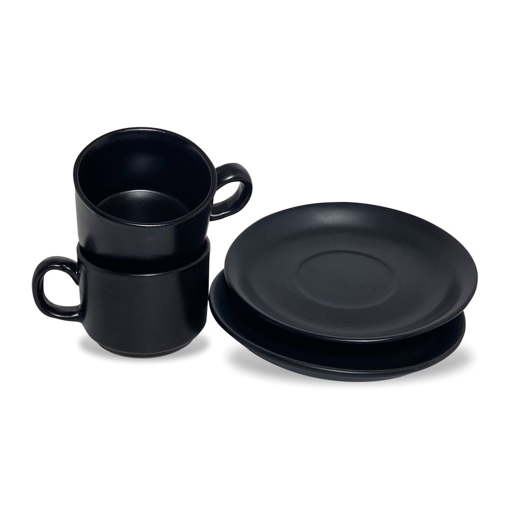 Ceramic Dining Chic Matte Black Tea cups with Saucers Set of 2