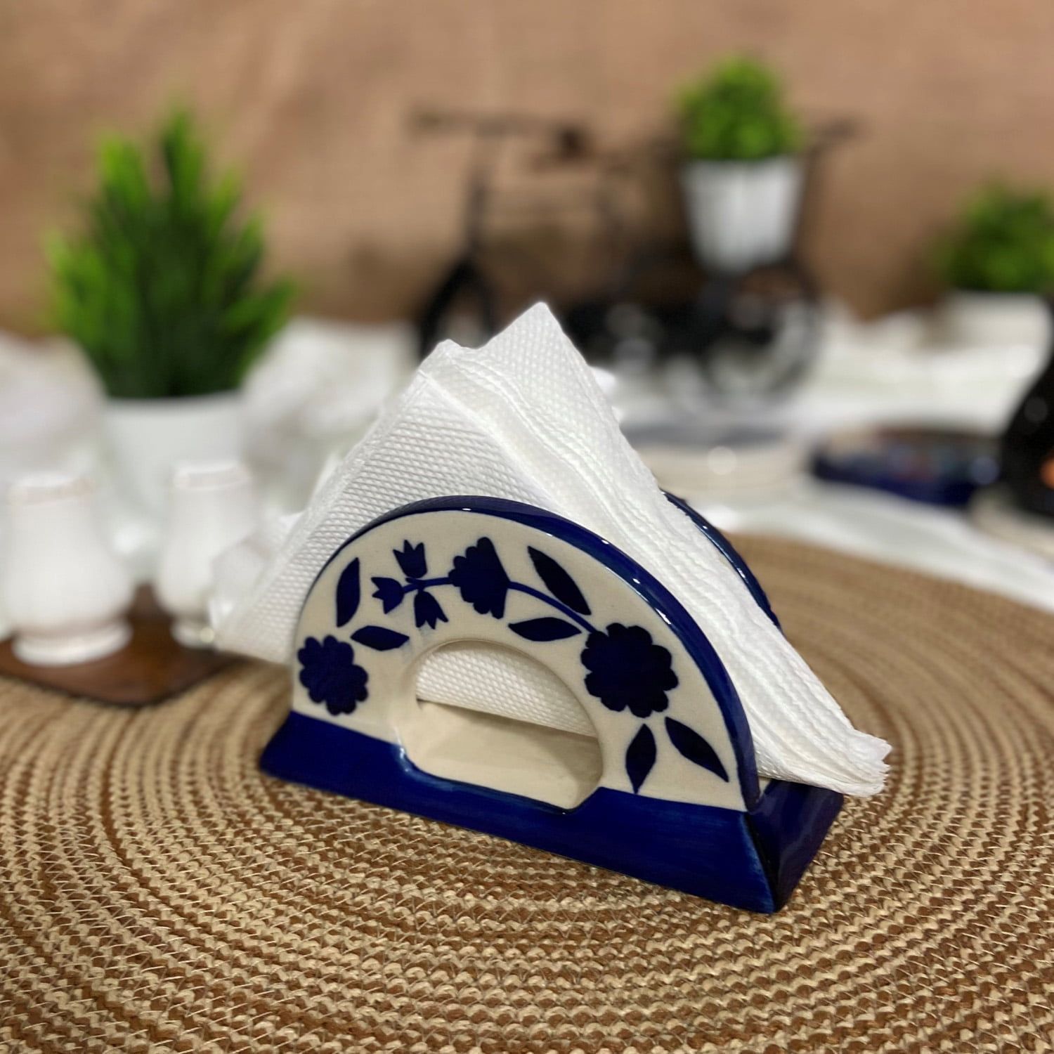 Ceramic Dining Floral Print Royal Blue Handmade Ceramic Napkin Holder