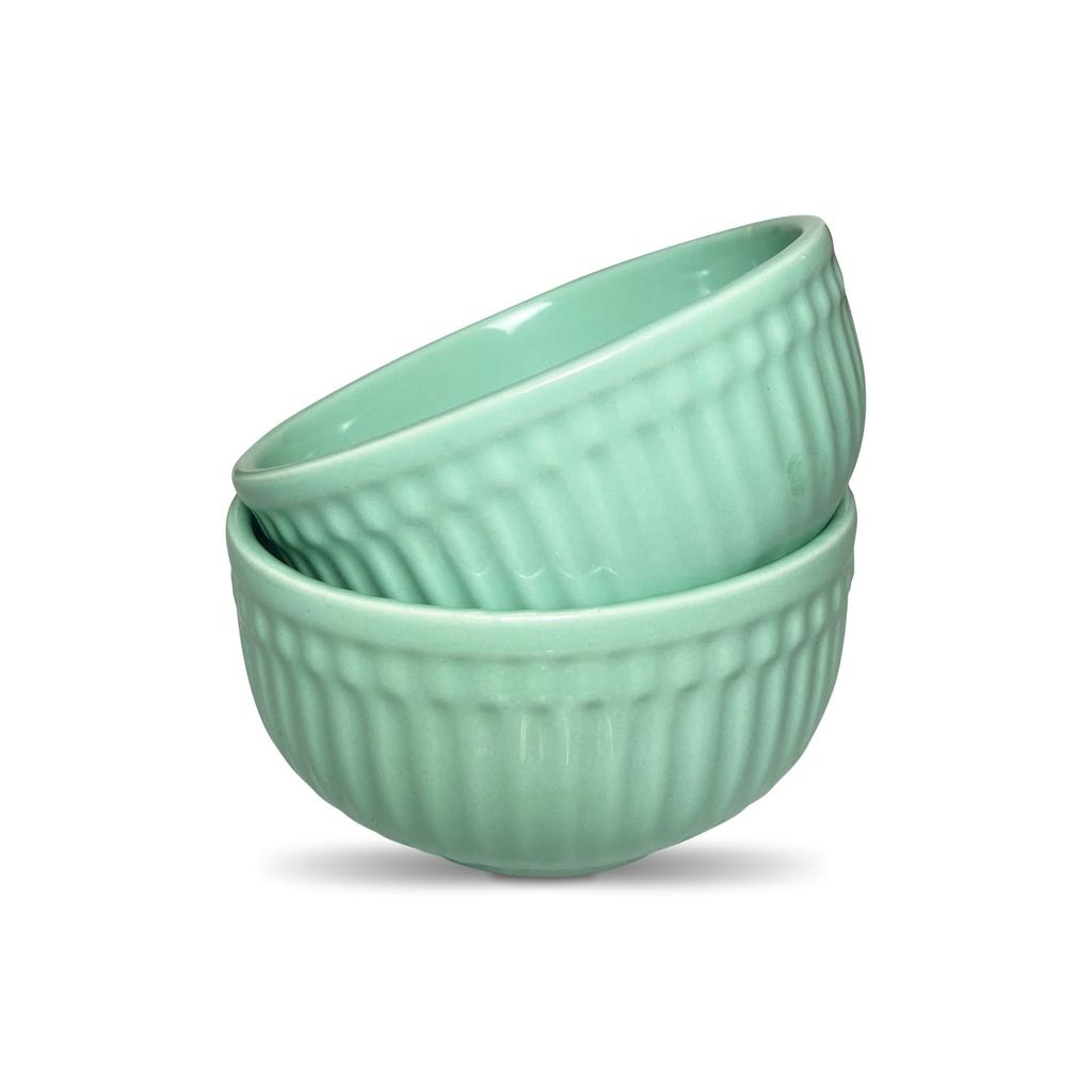 Ceramic Dining Green Linear Shaped Ceramic Soup/Cereal Bowls- Set of 2