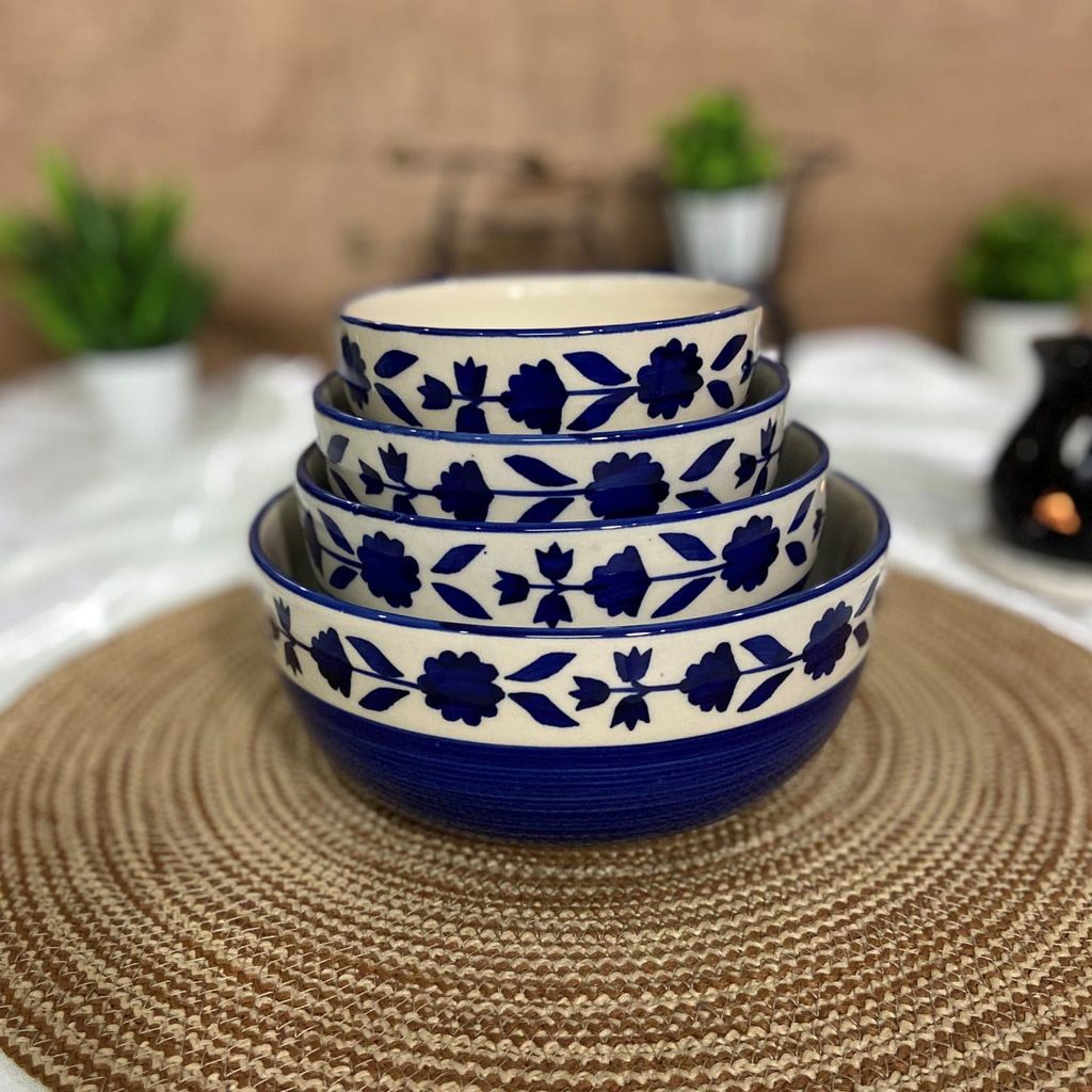 Ceramic Dining Royal Blue Floral Hand-painted Ceramic Serving Bowls Set of 4