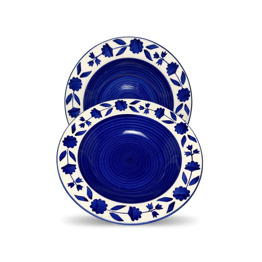 Ceramic Dining Royal Blue Floral Hand-painted Ceramic Deep Pasta Plates Set of 2