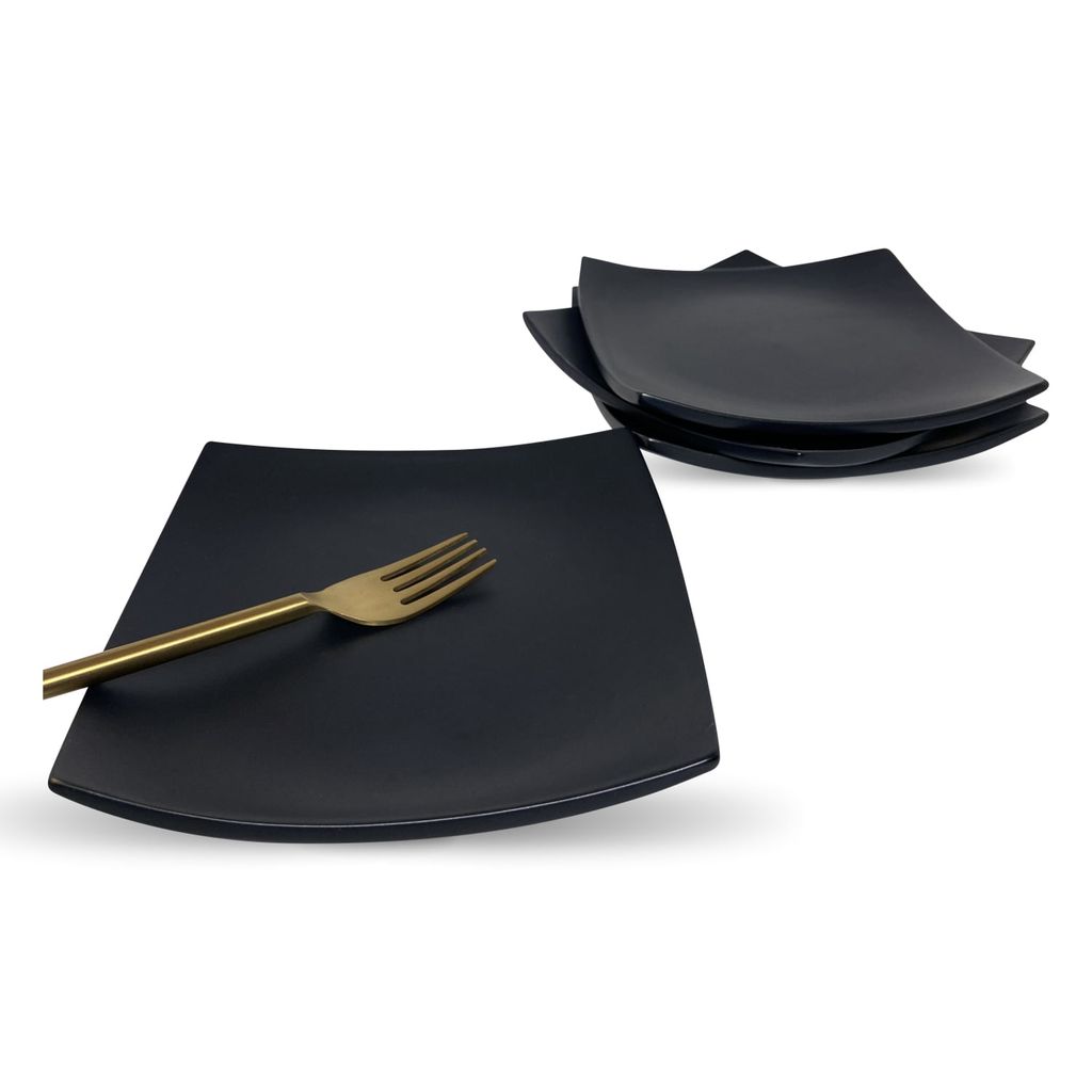 Ceramic Dining Studio Collection- Chic Matte Black Square Ceramic Quarter Plates- Set of 4