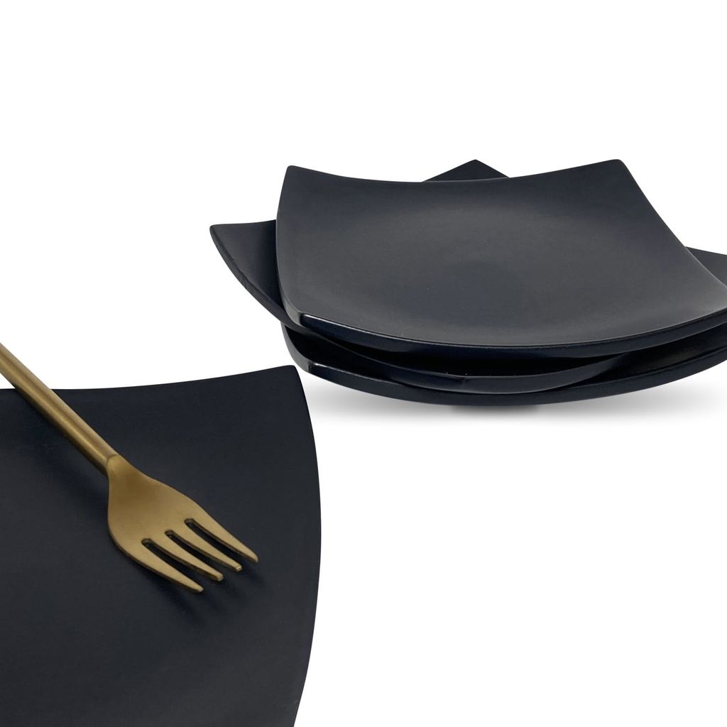 Ceramic Dining Studio Collection- Chic Matte Black Square Ceramic Quarter Plates- Set of 4