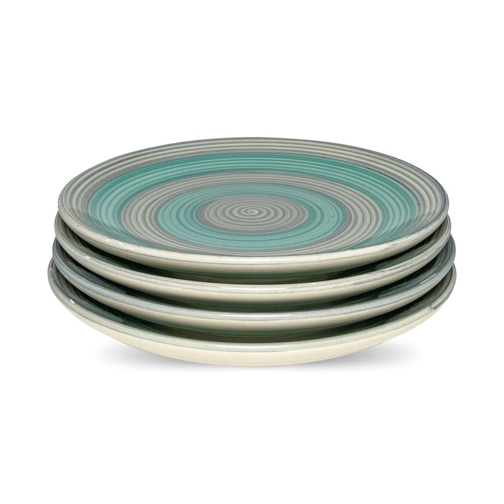 Ceramic Dining Green And Grey Hand-Painted Ceramic 7Inchs Quarter Plates- Set of 4
