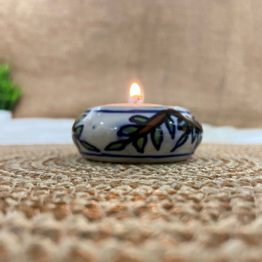 Ceramic Dining Colorful Floral Hand-Painted Tealight Candle Holder with Tealight Candles Set of 4