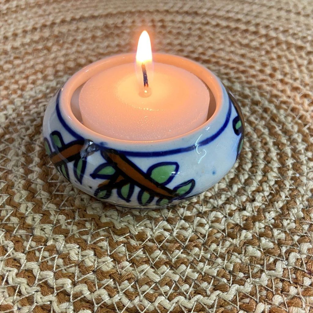 Ceramic Dining Colorful Floral Hand-Painted Tealight Candle Holder with Tealight Candles Set of 4