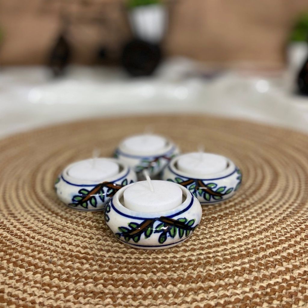 Ceramic Dining Colorful Floral Hand-Painted Tealight Candle Holder with Tealight Candles Set of 4