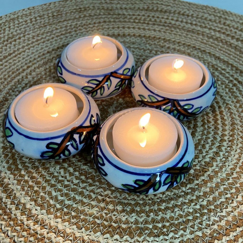 Ceramic Dining Colorful Floral Hand-Painted Tealight Candle Holder with Tealight Candles Set of 4