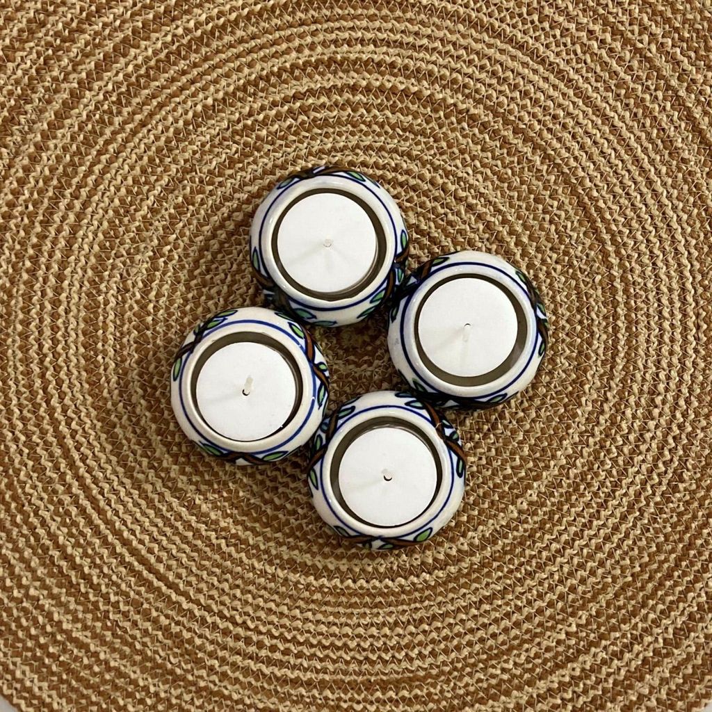 Ceramic Dining Colorful Floral Hand-Painted Tealight Candle Holder with Tealight Candles Set of 4