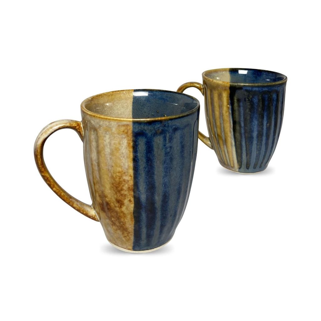 Ceramic Dining Studio Collection Half-Cut Blue & Brown Hand-Glazed Coffee Mugs Set of 2