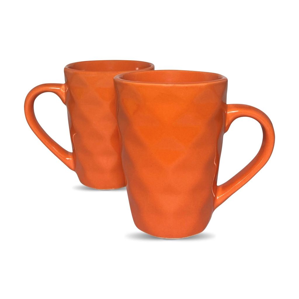 Ceramic Dining Matte Orange Diamond Shaped Coffee Mugs Set of 2