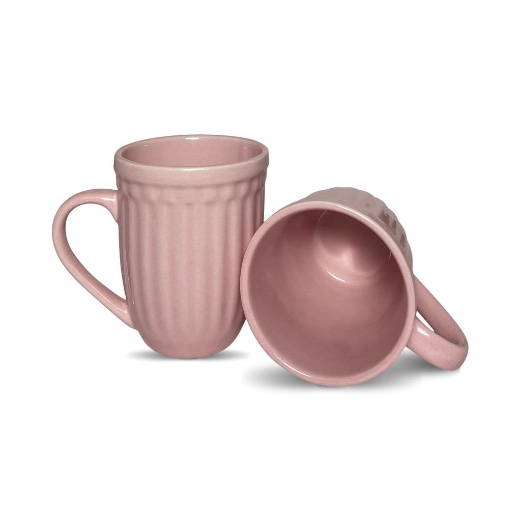 Ceramic Dining Matte Pink Linear Coffee Mugs Set of 2