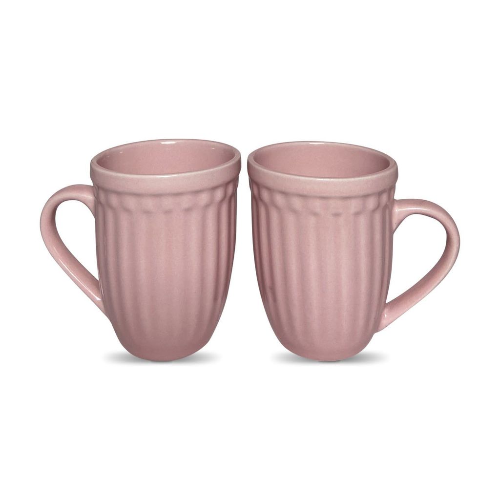 Ceramic Dining Matte Pink Linear Coffee Mugs Set of 2